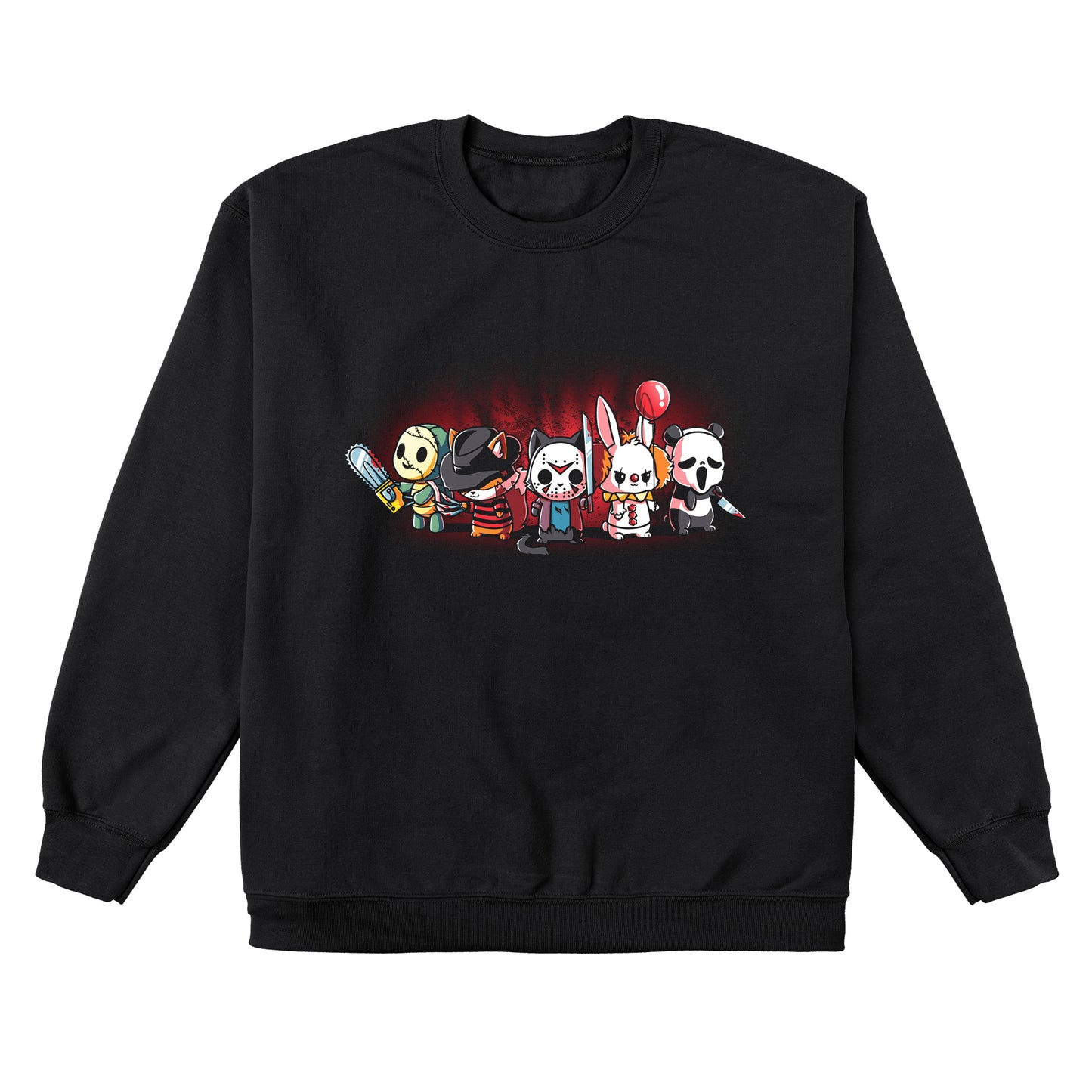 Crew Neck Sweatshirt_TeeTurtle black Horror Crew. Featuring several animals dressed up as famous horror media characters.