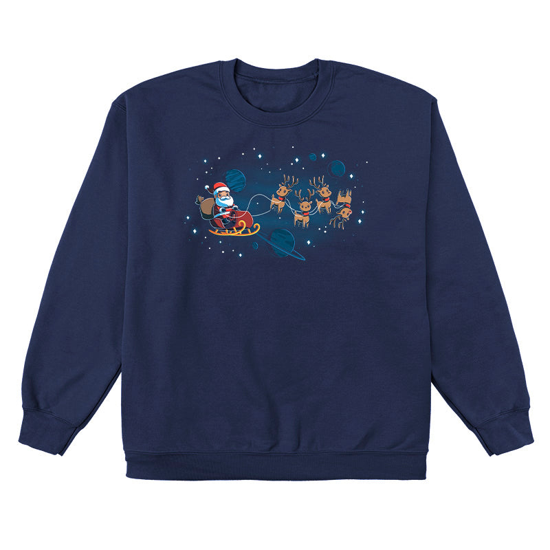 Crew Neck Sweatshirt_TeeTurtle navy blue Houston, We Have a Santa apparel featuring Santa Claus on a sleigh with his reindeer floating in space with plants and stars in the background.