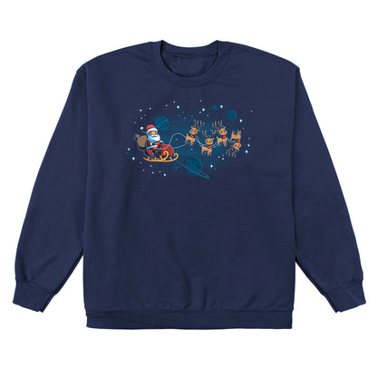 Crew Neck Sweatshirt_TeeTurtle navy blue Houston, We Have a Santa apparel featuring Santa Claus on a sleigh with his reindeer floating in space with plants and stars in the background.