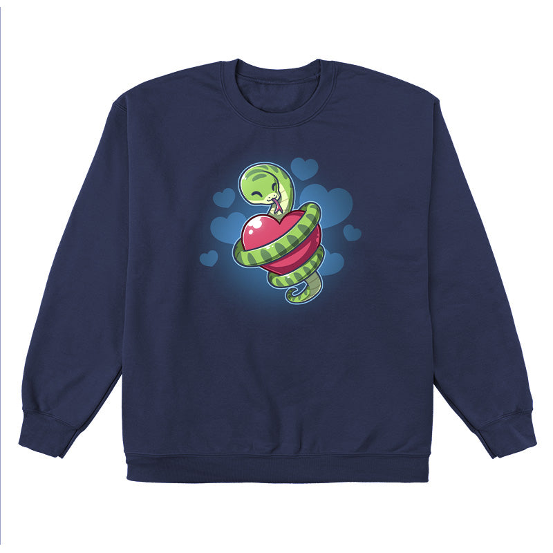 Crew Neck Sweatshirt_TeeTurtle  navy blue Hugs and Hisses apparel featuring a green snake coiled around a red heart with blue hearts in the background.