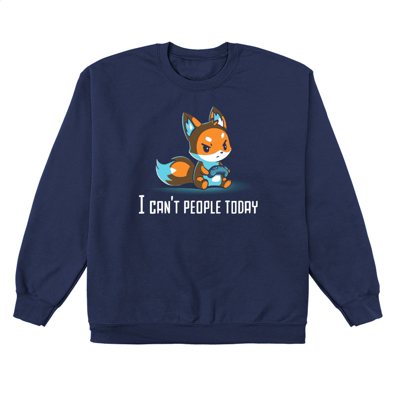 Crew Neck Sweatshirt_TeeTurtle I Can't People Today navy blue t-shirt featuring an annoyed fox holding a video game controller with the text "I can't people today" below.