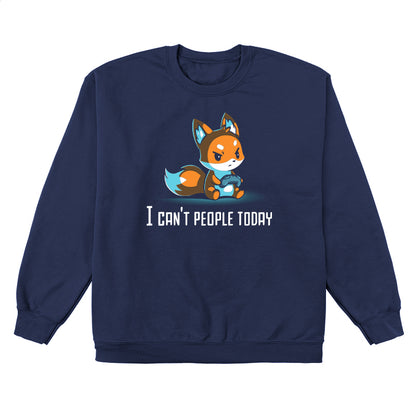 Crew Neck Sweatshirt_TeeTurtle I Can't People Today navy blue design featuring an annoyed fox holding a video game controller with the text "I can't people today" below.