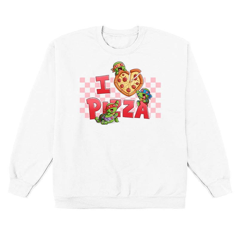 Crew Neck Sweatshirt_TeeTurtle white I Love Pizza apparel featuring the caption, “I Heart Pizza“, with the heart as a heart-shaped pizza, and Leonardo, Michelangelo, Donatello, and Raphael with heart eyes fighting over the pizza.