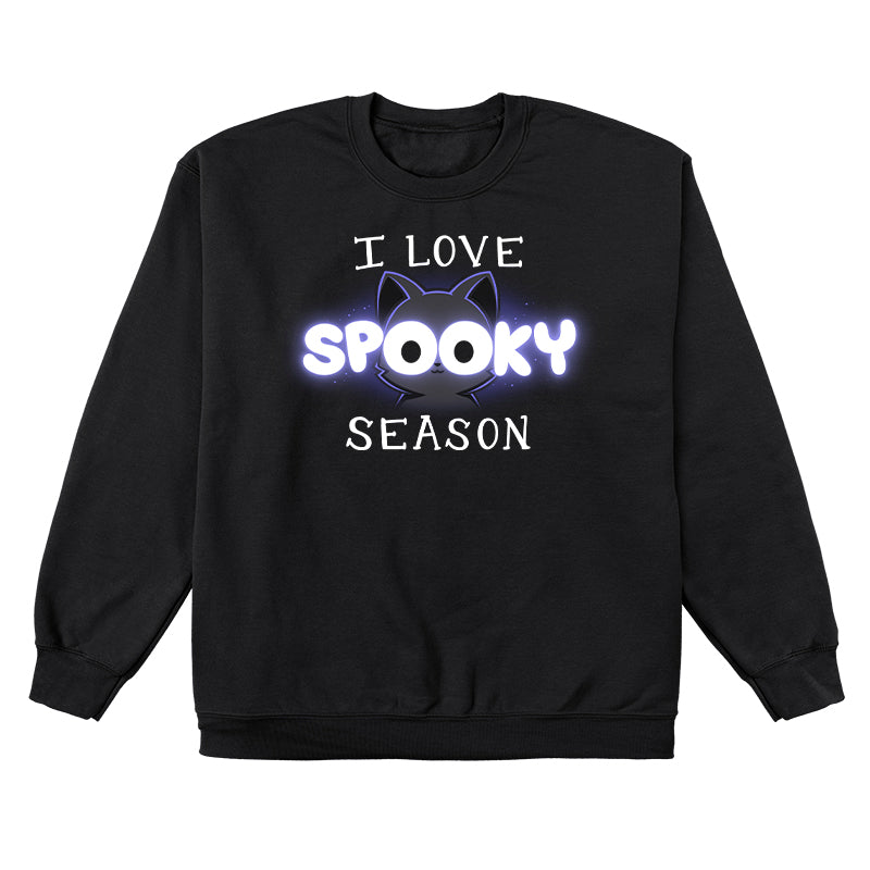 Crew Neck Sweatshirt_TeeTurtle black I Love Spooky Season apparel featuring the caption, "I Love Spooky Season" with the two Os formed by the large eyes of a black cat.