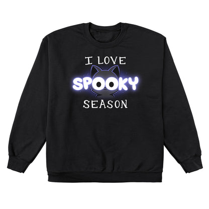 Crew Neck Sweatshirt_TeeTurtle black I Love Spooky Season apparel featuring the caption, "I Love Spooky Season" with the two Os formed by the large eyes of a black cat.