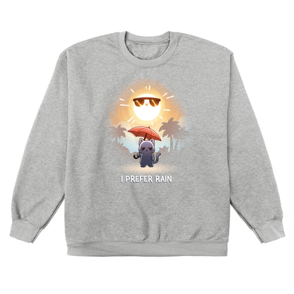 Crew Neck Sweatshirt_TeeTurtle heather gray I Prefer Rain featuring a grumpy cat holding an umbrella with the sun shining overhead.