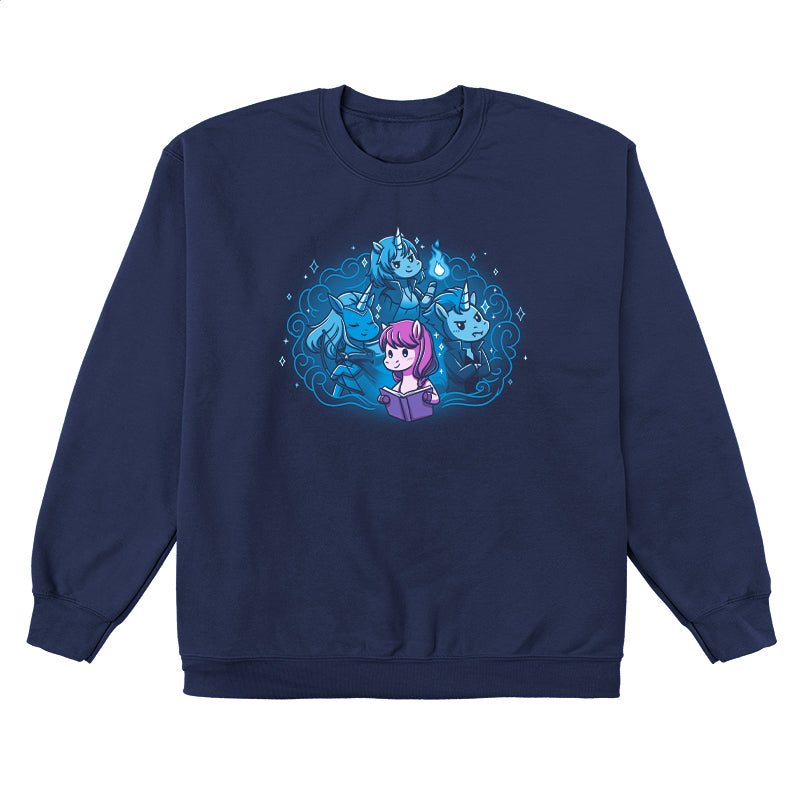 Crew Neck Sweatshirt_Teeturtle I Love My Fictional Boyfriends navy blue design featuring a cute unicorn reading a book dreaming about their fictional boyfriends, an elf archer unicorn, a mage unicorn and a vampire unicorn.