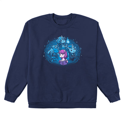 Crew Neck Sweatshirt_Teeturtle I Love My Fictional Boyfriends navy blue design featuring a cute unicorn reading a book dreaming about their fictional boyfriends, an elf archer unicorn, a mage unicorn and a vampire unicorn.