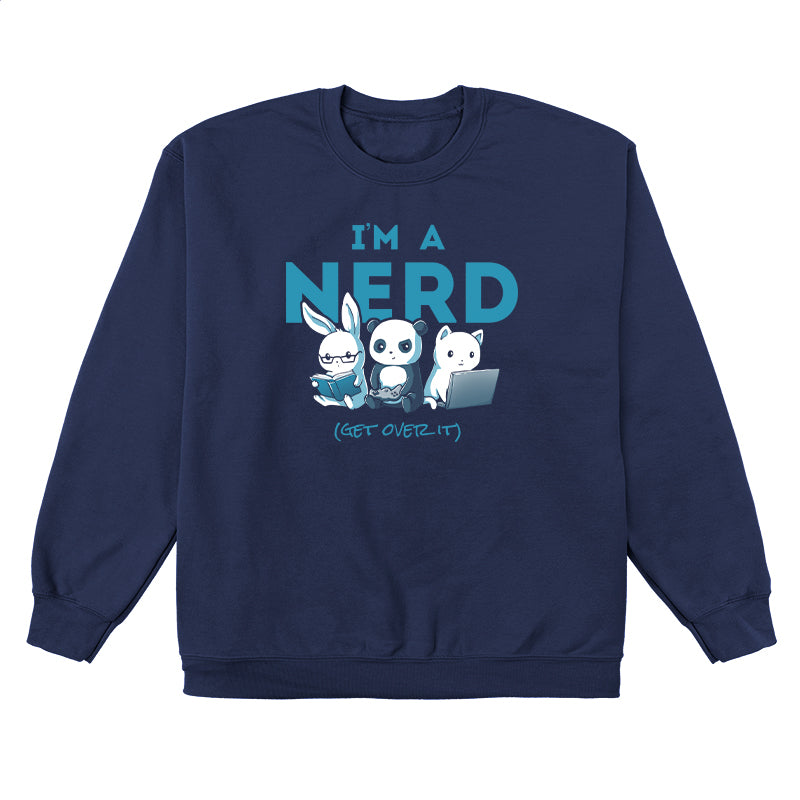 Crewneck Sweatshirt_TeeTurtle navy blue I'm A Nerd. Featuring a bunny, panda, and cat respectively reading, playing a video game, and typing on a laptop.