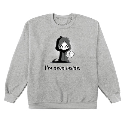 Crew Neck Sweatshirt_A cartoon grim reaper, smiling, with a ghost on its right, graces the front of this super soft cotton monsterdigital "I'm Dead Inside" apparel.