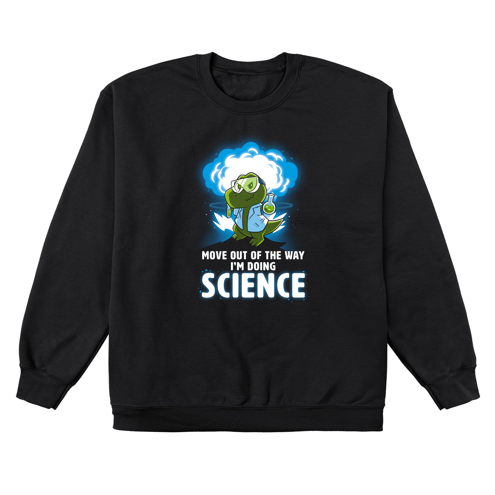 Crew Neck Sweatshirt_TeeTurtle black I'm Doing SCIENCE. Featuring a t-rex in a lab coat and safety glasses holding a beaker and explosion in the background.