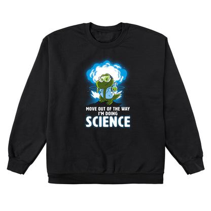 Crew Neck Sweatshirt_TeeTurtle black I'm Doing SCIENCE. Featuring a t-rex in a lab coat and safety glasses holding a beaker and explosion in the background.