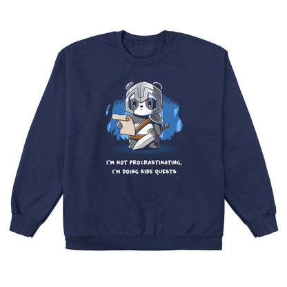 Crew Neck Sweatshirt_TeeTurtle navy blue I'm Doing Side Quests. Featuring a warrior panda holding a scroll saying, "I'm not procrastinating, I'm doing side quests.".