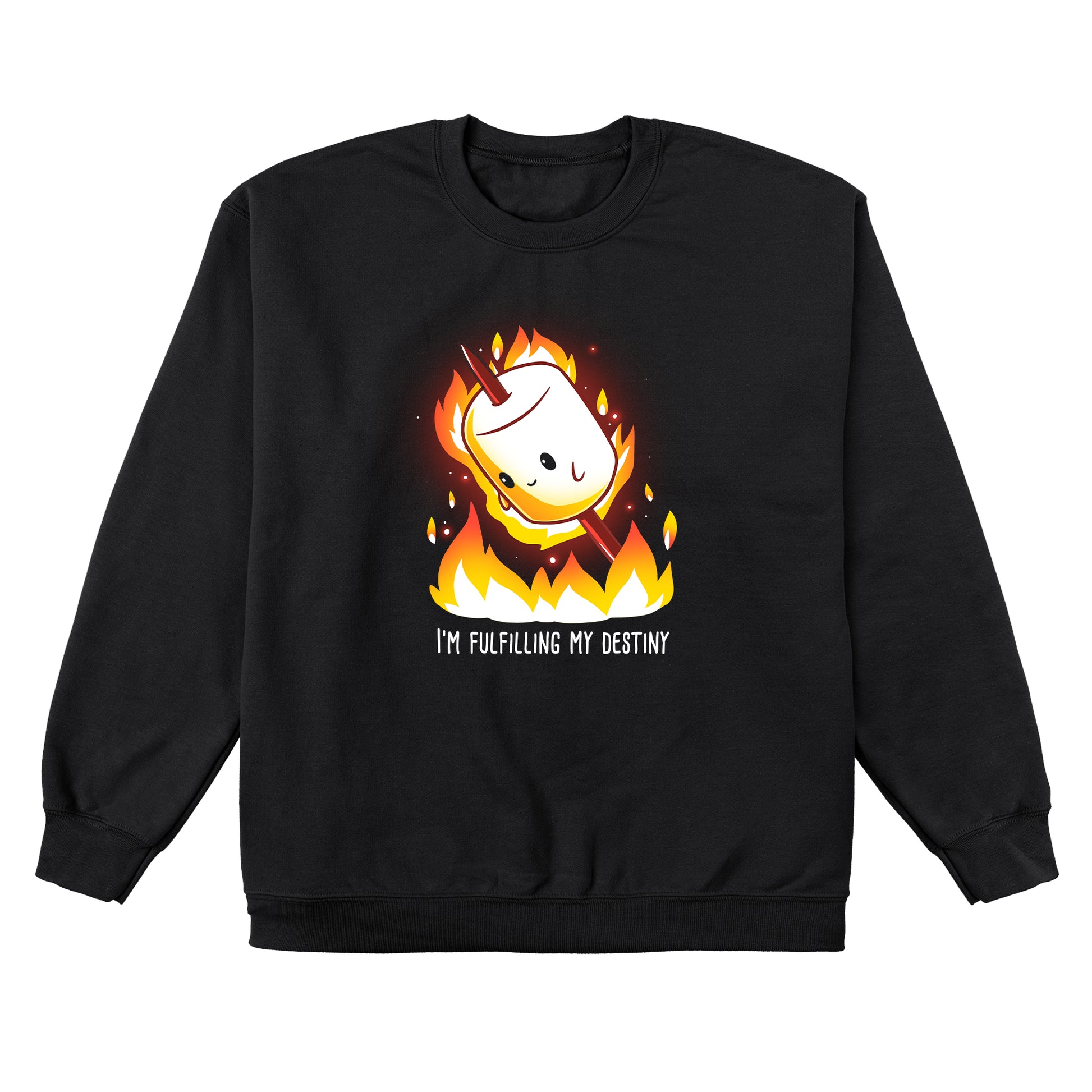 Crew Neck Sweatshirt_TeeTurtle I'm Fulfilling My Destiny black design featuring a cheerful marshmallow on a stick is surrounded by flames with the caption "I'm Fulfilling My Destiny" below in this food.