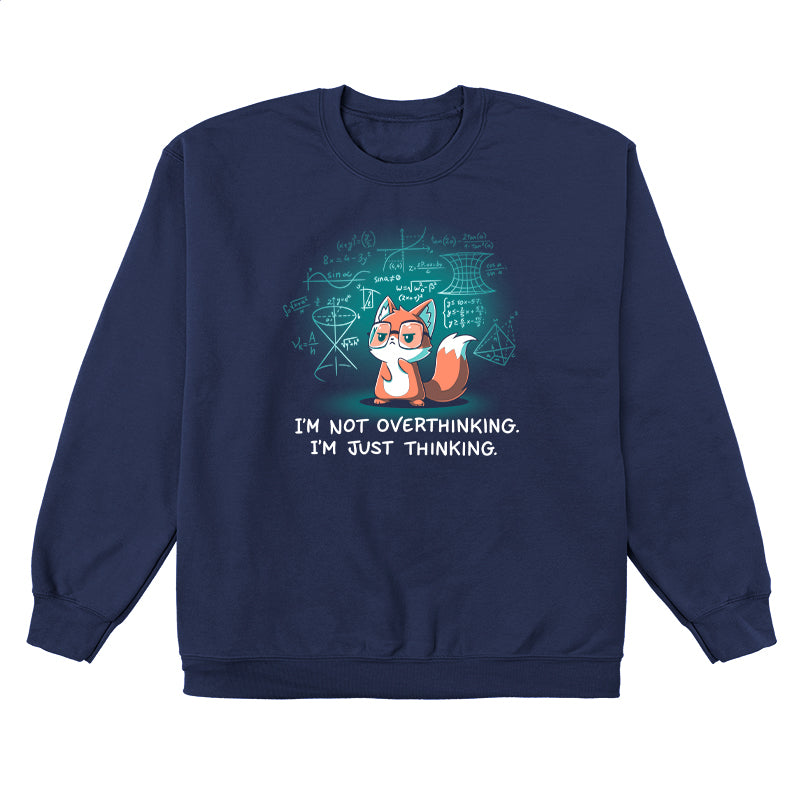 Crew Neck Sweatshirt_TeeTurtle navy blue I'm Just Thinking. Featuring a thinking fox with glasses surrounded by mathematical equations.