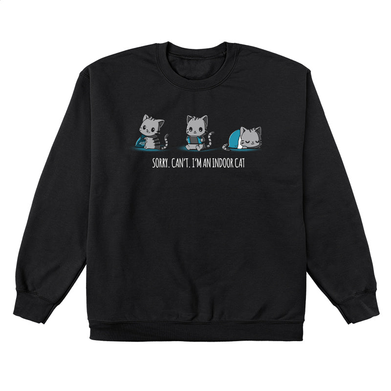 Crew Neck Sweatshirt_TeeTurtle I'm an Indoor Cat black t-shirt featuring three gray cats one eating chips, one playing video games, one sleeping