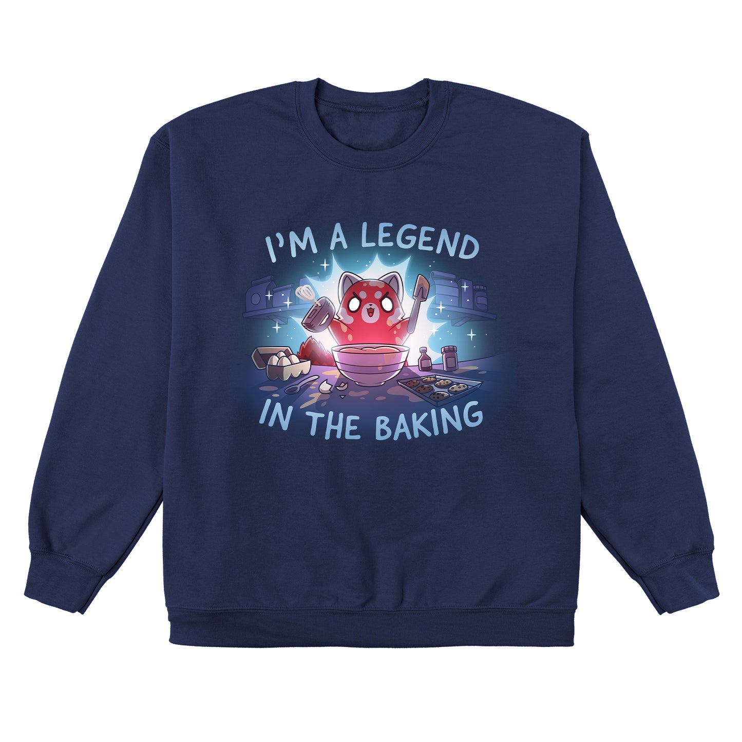 Crew Neck Sweatshirt_TeeTurtle navy blue I'm a Legend in the Baking apparel featuring a red panda with lit up eyes holding a spatula and hand mixer in a kitchen surrounded by baking equipment, such as a sheet of cookies, eggs, and flour.