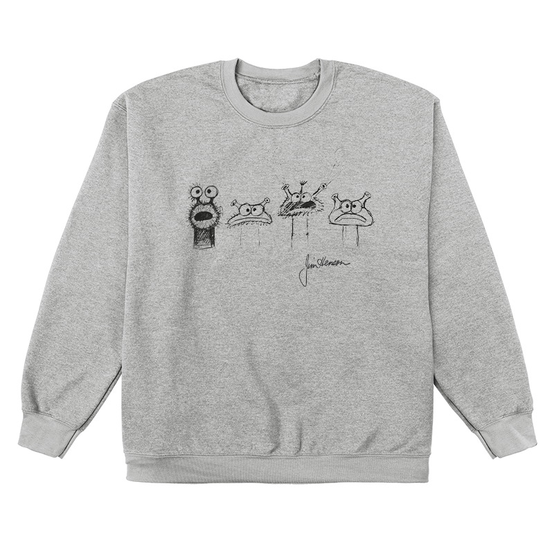 Crew Neck Sweatshirt_TeeTurtle heather gray Jim Henson Signature Collection apparel featuring four sketches of muppet-like creatures with Jim Henson’s signature on the bottom righthand corner.