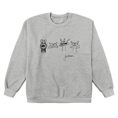 Crew Neck Sweatshirt_TeeTurtle heather gray Jim Henson Signature Collection apparel featuring four sketches of muppet-like creatures with Jim Henson’s signature on the bottom righthand corner.