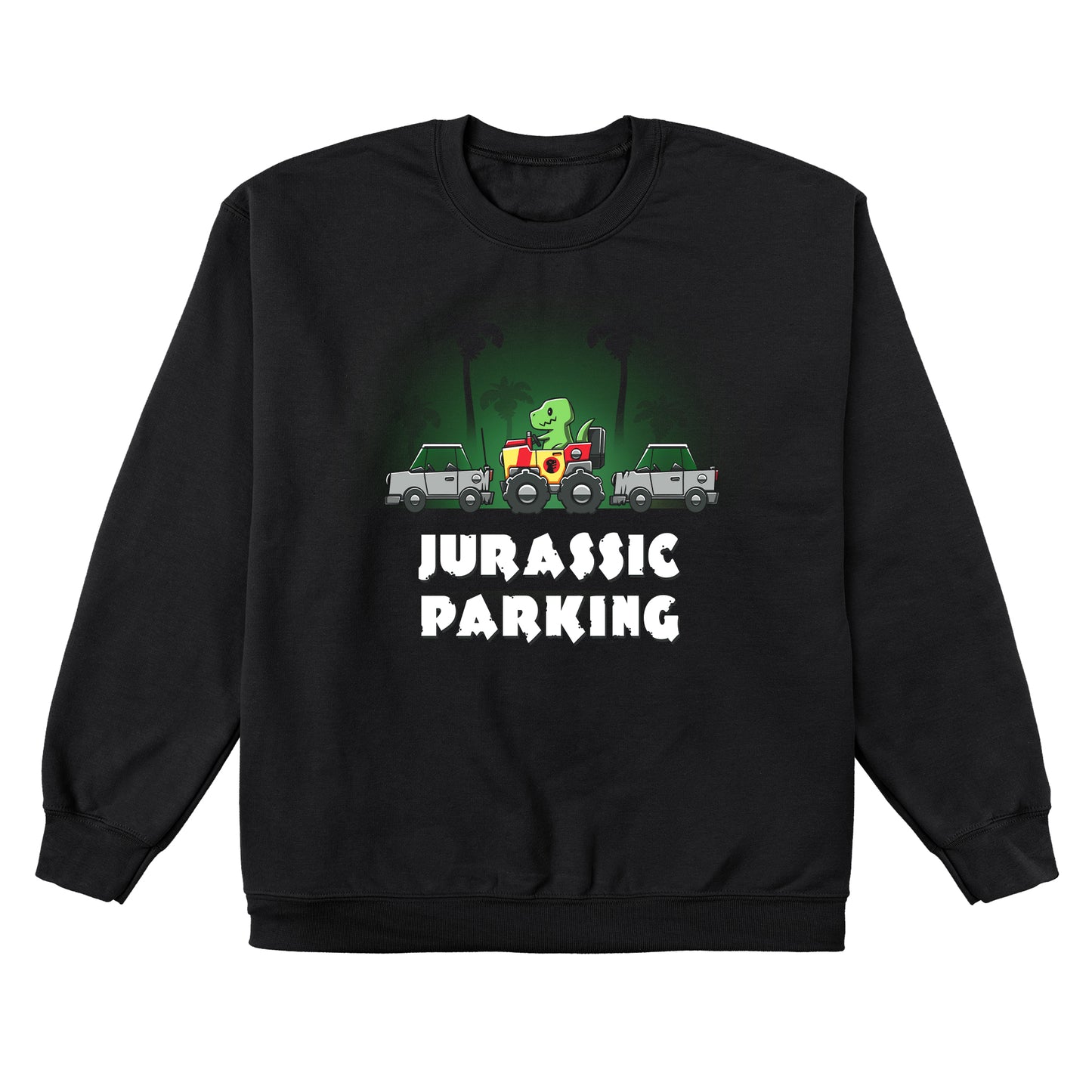 Crew Neck Sweatshirt_TeeTurtle Jurassic Parking black design featuring a pun of a t-rex dinosaur parallel parking in a movie themed jeep.