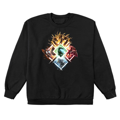 Crew Neck Sweatshirt_TeeTurtle black Kaiju Vortex apparel featuring King Ghidorah, Mothra, Godzilla, Rodan, and Mechagodzilla in diamond-shaped frames grouped together to form a large diamond.