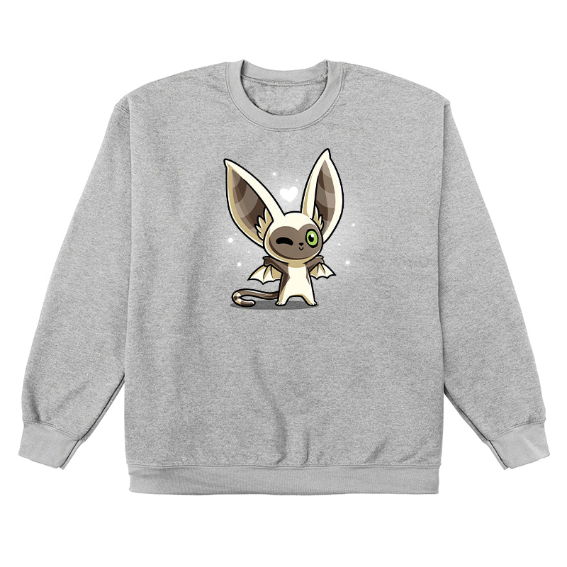Crew Neck Sweatshirt_TeeTurtle heather gray Kawaii Momo apparel featuring a winking Momo with his wings spread.