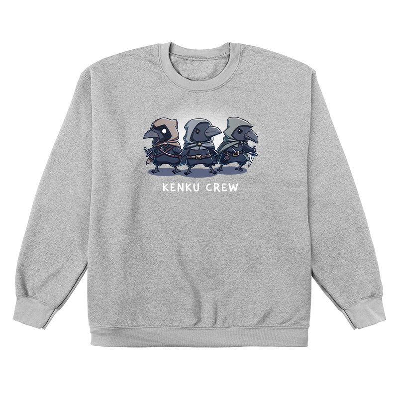 Crew Neck Sweatshirt_TeeTurtle heather gray Kenku Crew apparel featuring three hooded Kenku from Dungeons & Dragons with the lefthand Kenku holding a sword, and the righthand Kenku holding a small dagger.