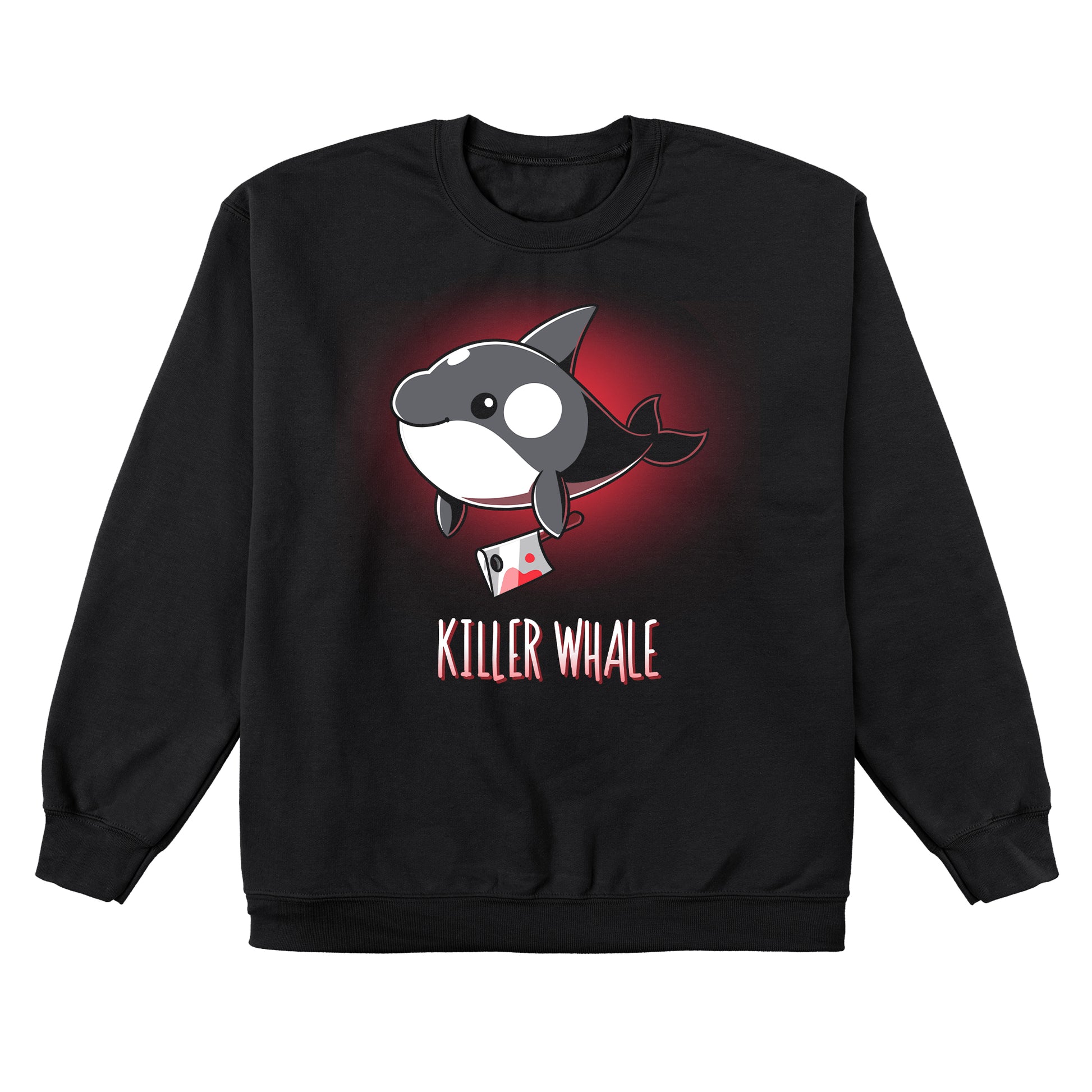 Crew Neck Sweatshirt_TeeTurtle Killer Whale black t-shirt featuring an orca whale holding a bloody knife in its flipper.