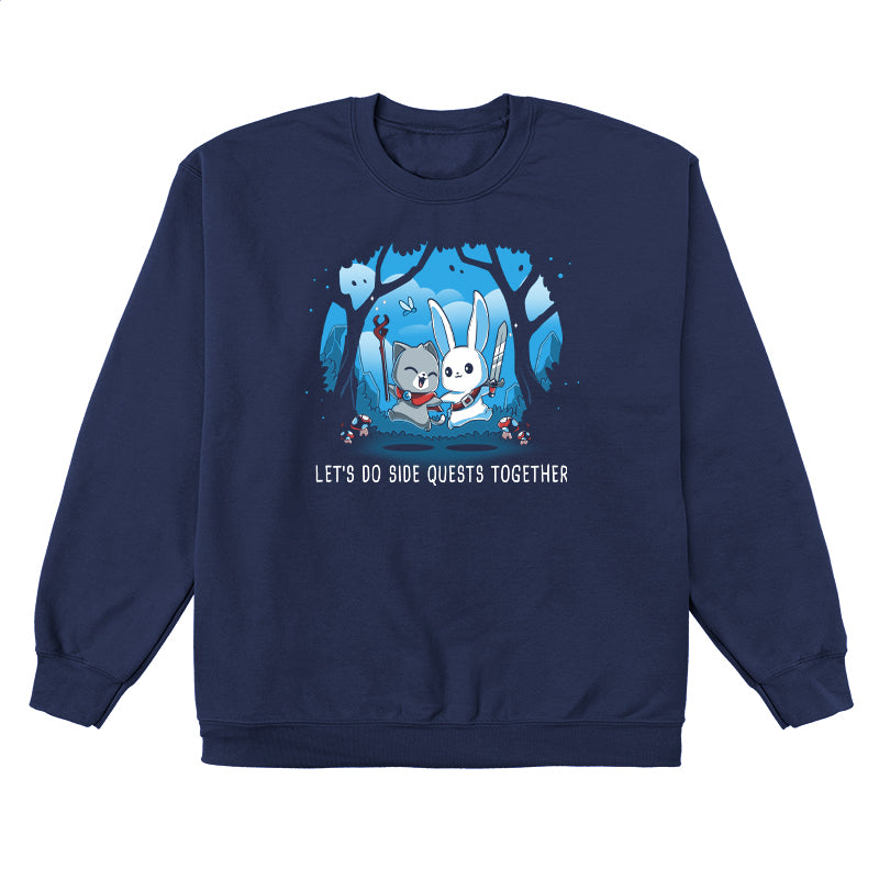 Crew Neck Sweatshirt_TeeTurtle Let’s Do Side Quests Together navy blue design featuring a cat with a staff and a bunny with a sword surrounded by trees and mushrooms.