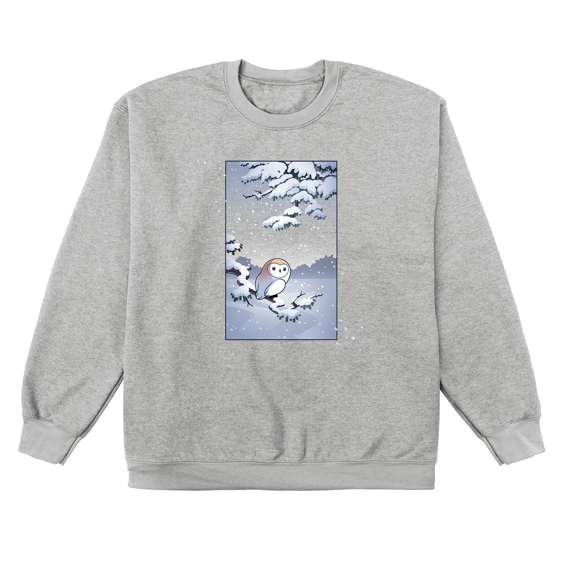 Crew Neck Sweatshirt_TeeTurtle heather gray Snowy Owl apparel featuring a barn owl perched on a snowy branch with snow falling in the background.