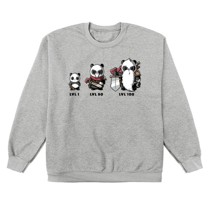 Crew Neck Sweatshirt_TeeTurtle heather gray Level Up. Featuring a panda at different levels and getting more armor as it levels up.