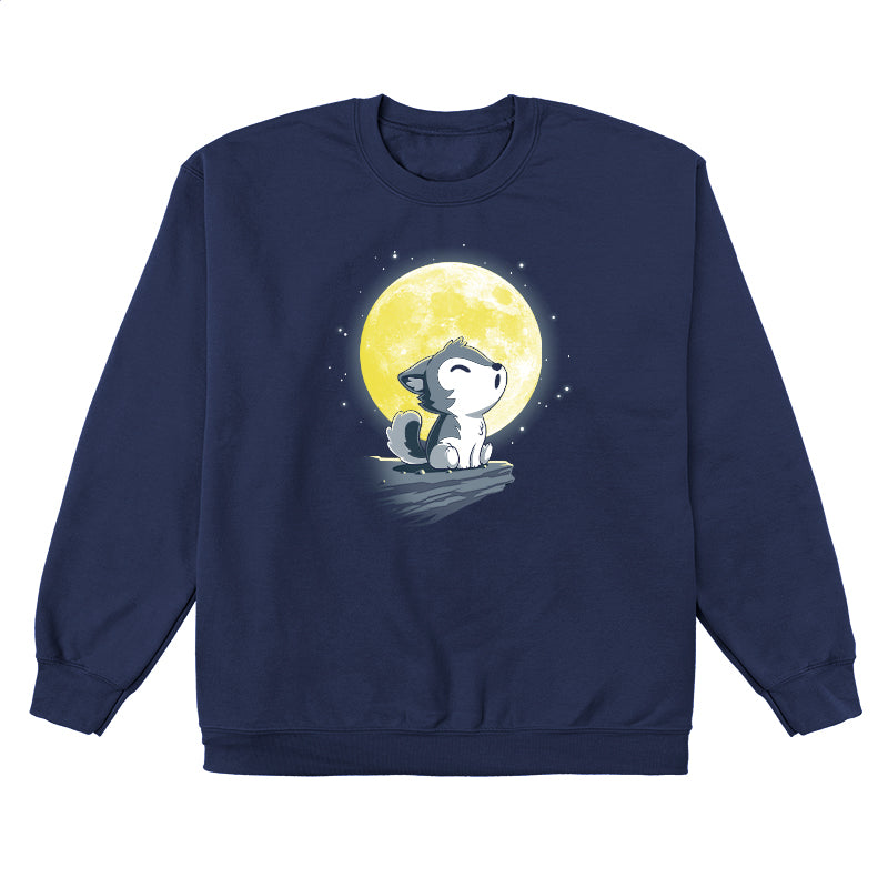 Crew Neck Sweatshirt_TeeTurtle Lil' Werewolf navy blue t-shirt featuring a young wolf howling at the moon