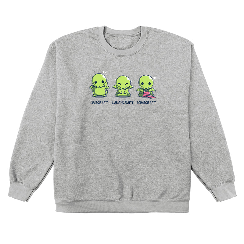 Crew Neck Sweatshirt_TeeTurtle sport gray Livecraft, Laughcraft, Lovecraft. Featuring a chibi Cthulhu waving, laughing, and crafting.