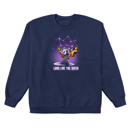 Crew Neck Sweatshirt_TeeTurtle navy blue Long Live The Queen apparel featuring Mothra perched on a mountain peak with a constellation of stars forming a crown above her head, with the caption, “Long Live The Queen“ at the bottom.
