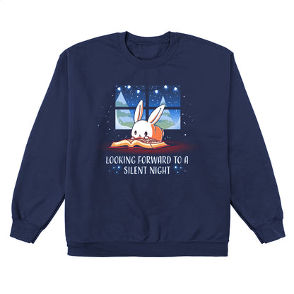 Crew Neck Sweatshirt_TeeTurtle navy blue Looking Forward to a Silent Night. Featuring a reading bunny with a snowy forest outside.