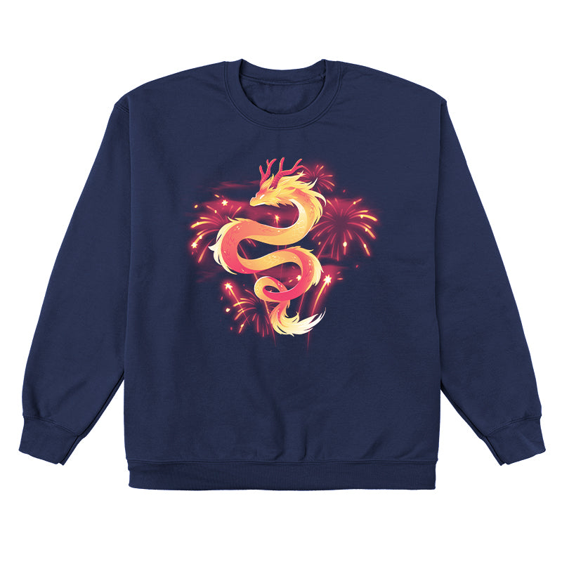 Crew Neck Sweatshirt_TeeTurtle lunar new year dragon navy blue design featuring a dragon amidst fireworks.