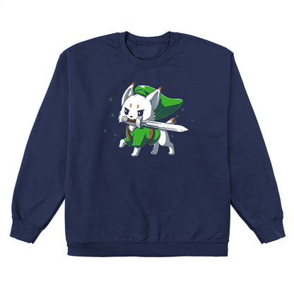  Crew Neck Sweatshirt_TeeTurtle Lynx navy blue design featuring a determined white Lynx with a sword in its mouth dressed in a long green hat and matching green tunic in this fantasy video game design. 