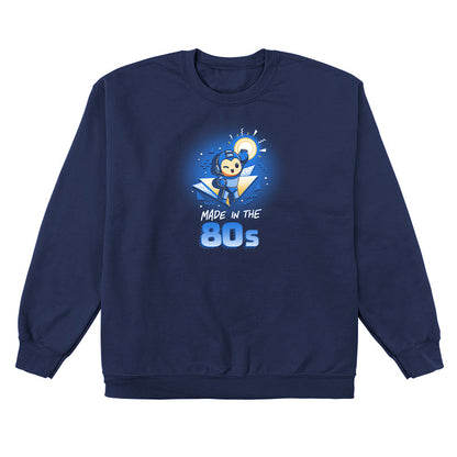 Crew Neck Sweatshirt_TeeTurtle navy blue Made in the 80s featuring a winking Mega Man with his blaster arm in the air surrounded by 80s graphic elements, and the caption, "Made in the 80s".