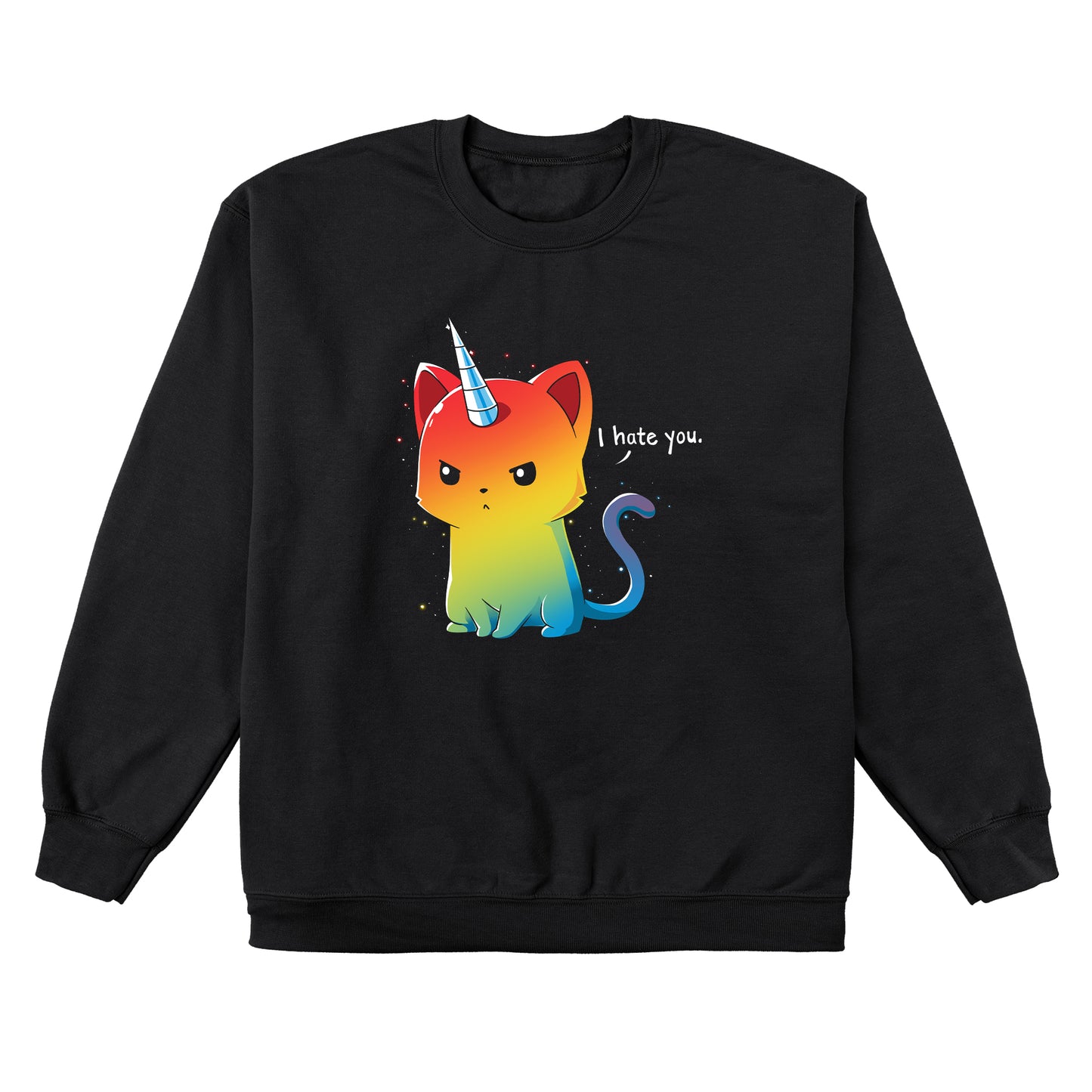 Crew Neck Sweatshirt_TeeTurtle black The Magical Kittencorn. Featuring an angry rainbow kittencorn saying, "I hate you.".