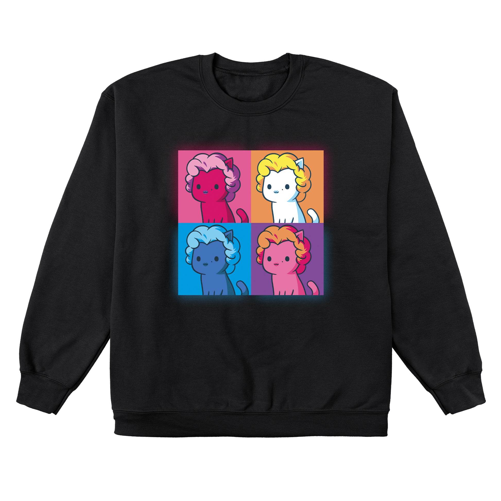 Crew Neck Sweatshirt_TeeTurtle Marilyn Meownroe black design featuring a four panel, multicolored and stylized image of a cartoon cat in a Marilyn Monroe wig in parody of the famous painting of her.