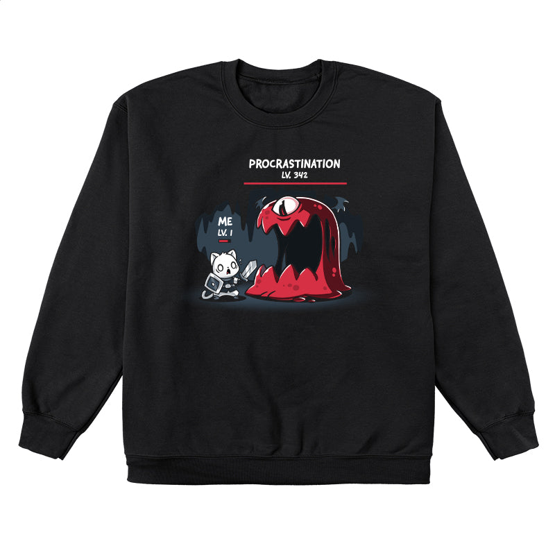 Crew Neck Sweatshirt_TeeTurtle Me Vs. Procrastination black t-shirt featuring a cat knight labeled "ME LV. 1" standing nervously in front of a giant red monster labeled "PROCRASTINATION LV. 342" in a dark, cavernous setting.