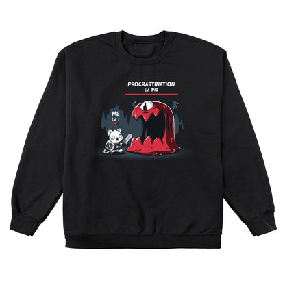 Crew Neck Sweatshirt_TeeTurtle Me Vs. Procrastination black t-shirt featuring a cat knight labeled "ME LV. 1" standing nervously in front of a giant red monster labeled "PROCRASTINATION LV. 342" in a dark, cavernous setting.