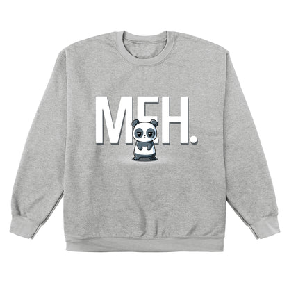 Crew Neck Sweatshirt_TeeTurtle heather gray Meh Panda apparel featuring a panda with a deadpan expression with the gigantic word, “MEH.“ in the background.