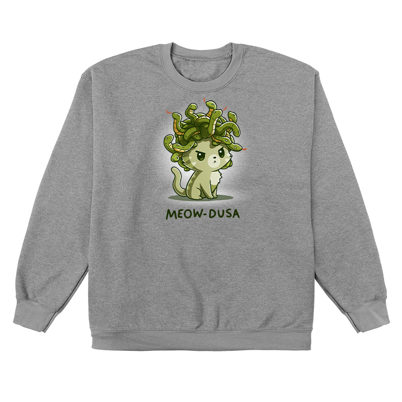 Crew Neck Sweatshirt_TeeTurtle heather gray Meow-dusa apparel featuring a grumpy green cat with a nest of snakes coiled on its head, and the caption, "Meow-dusa".