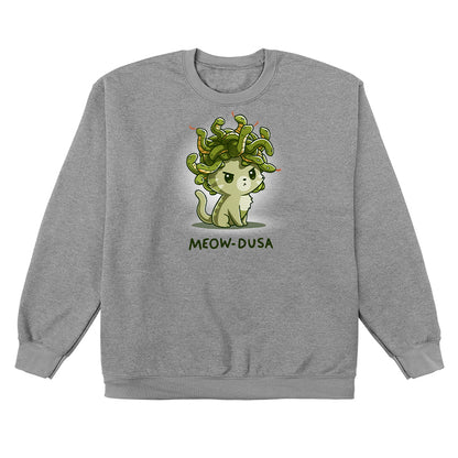 Crew Neck Sweatshirt_TeeTurtle heather gray Meow-dusa apparel featuring a grumpy green cat with a nest of snakes coiled on its head, and the caption, "Meow-dusa".
