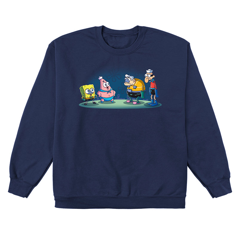 Crew Neck Sweatshirt_TeeTurtle navy blue MermaidBob and BarnaclePat apparel featuring SpongeBob SquarePants in a MermaidMan costume, and Patrick Star in a BarnacleBoy costume with a surprised MermaidMan and grumpy BarnacleBoy looking at them.