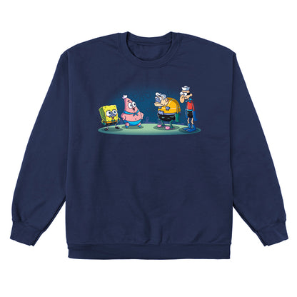 Crew Neck Sweatshirt_TeeTurtle navy blue MermaidBob and BarnaclePat apparel featuring SpongeBob SquarePants in a MermaidMan costume, and Patrick Star in a BarnacleBoy costume with a surprised MermaidMan and grumpy BarnacleBoy looking at them.