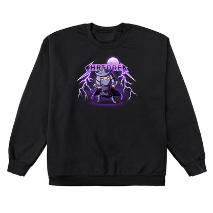 Crew Neck Sweatshirt_TeeTurtle black Metal Shredder apparel featuring Shredder in a ready-for-battle pose with his name rendered in a heavy metal font with lightning bolts at the end and the full moon in the background.
