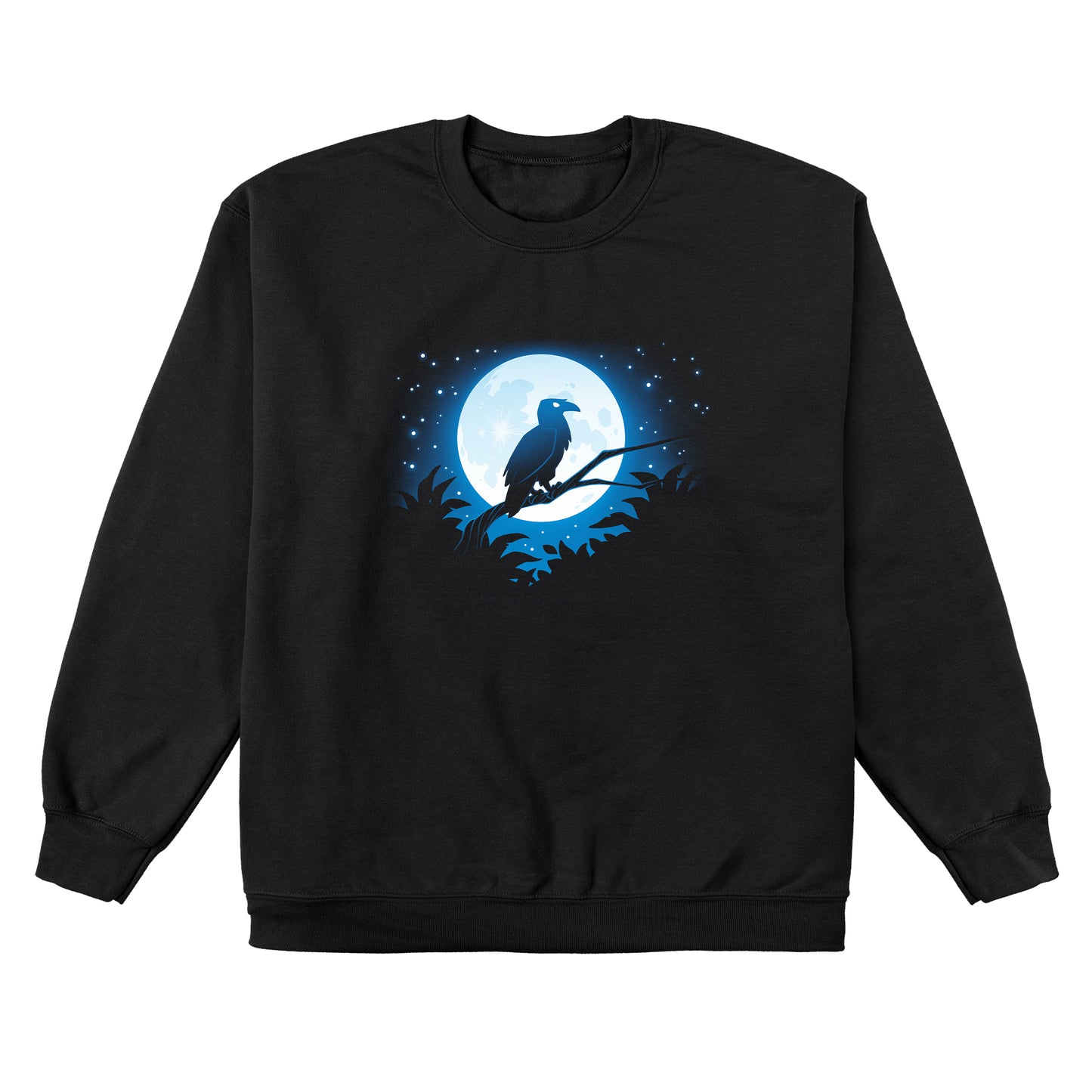 Crew Neck Sweatshirt_TeeTurtle Moonlit Raven black t-shirt featuring an artistic raven sitting on a branch in front of a full moon.