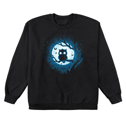 Crew Neck Sweatshirt_TeeTurtle Moonlit Owl black design featuring a glowing blue owl perched on a branch with a full moon and bats in the background.